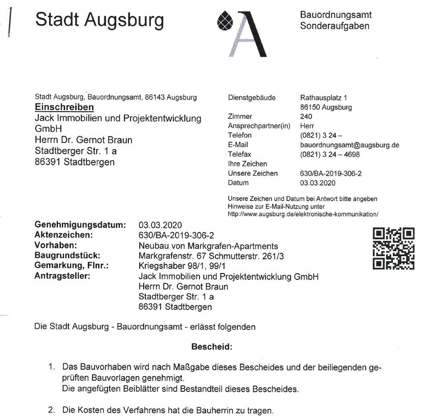 Baugenehmigung für UNIKLINIK APARTMENTS.Markgrafenstraße 67 Augsburg